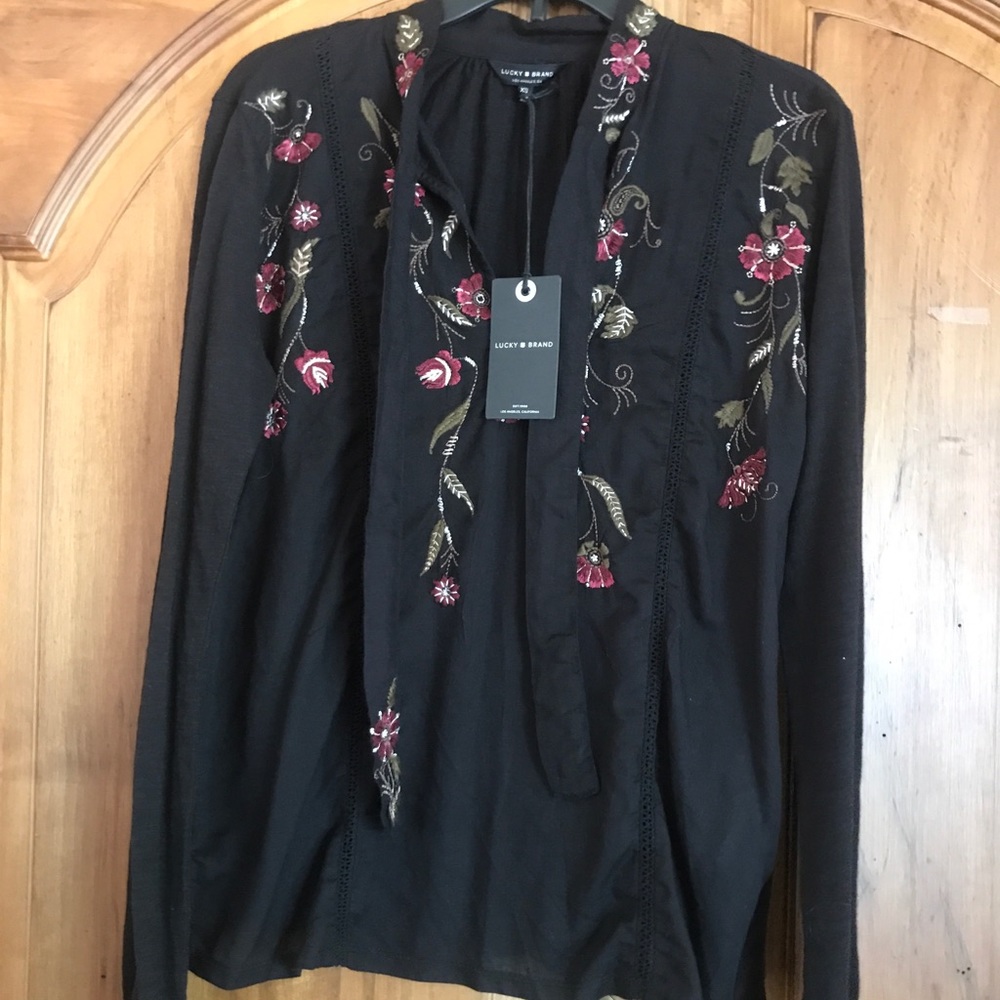 Lucky Brand Black Long Sleeve Floral Blouse XS
